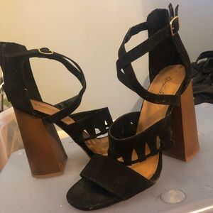 Black heel w/ cross design & brown block heel